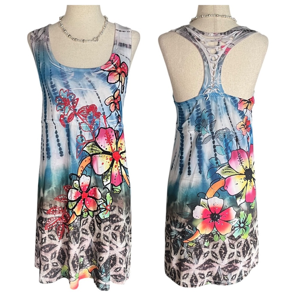SPY Zone Exchange Y2K Tie Dyed Embroidered Bikini CoverUp Mini Dress